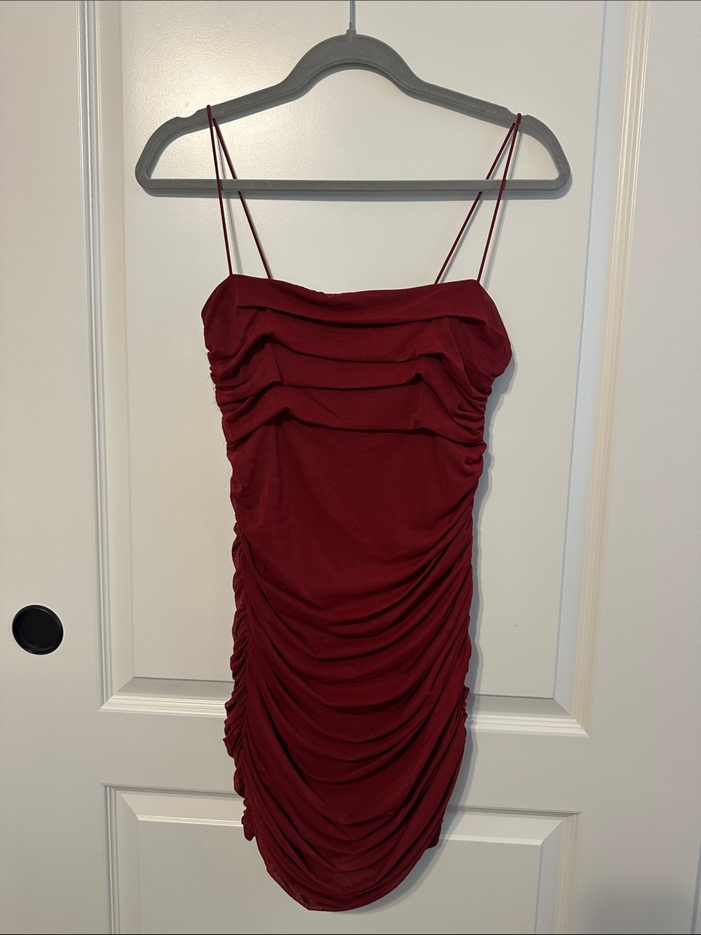 Princess Polly Ruched Spaghetti-Strap Mini Dress in Burgundy